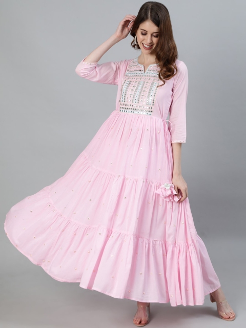 Ishin Women Pink Yoke Design Mirror Work Anarkali Kurta
