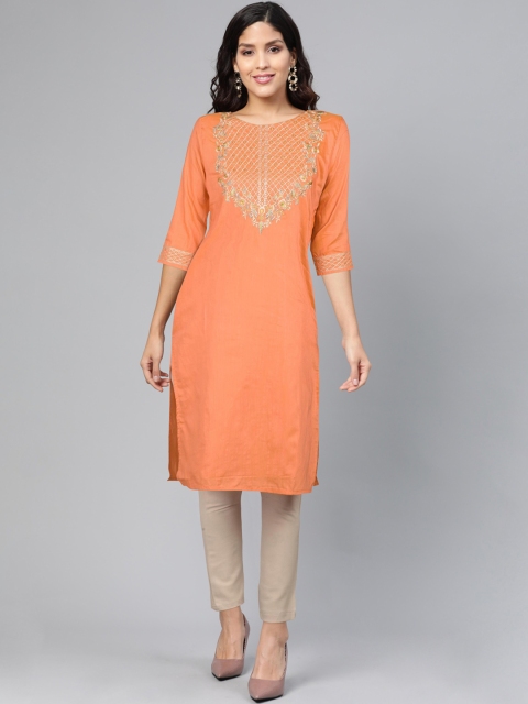 FLAVIDO Women Orange Yoke Design Thread Work Kurta