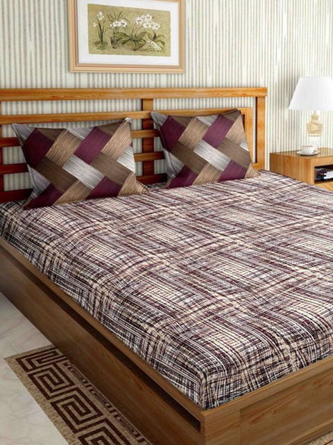 BELLA CASA Pink & Beige Geometric 144 TC King Bedsheet with 2 Pillow Covers
