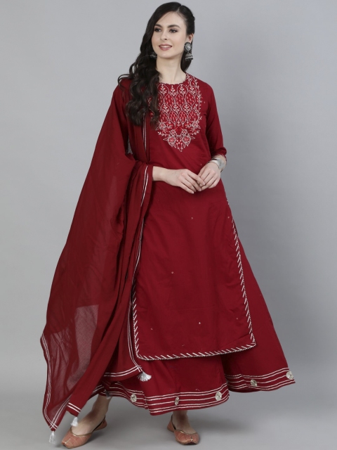 Ishin DESIGNER STUDIO Women Maroon Floral Yoke Design Pure Cotton Kurta with Skirt & With Dupatta