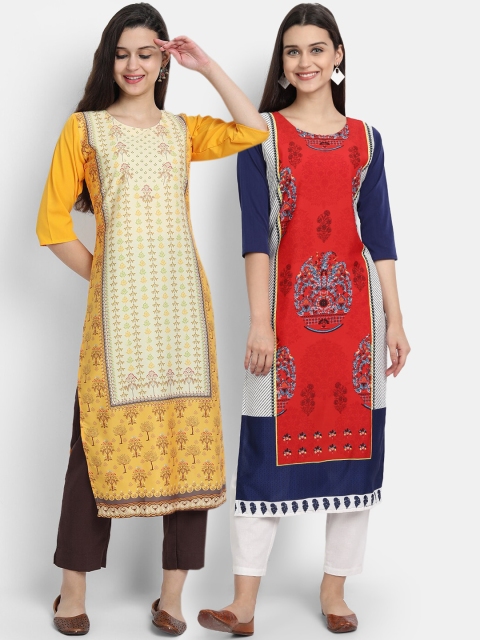 Ethnic Basket Women Pack of 2 Assorted Printed Crepe Kurtas, Multi
