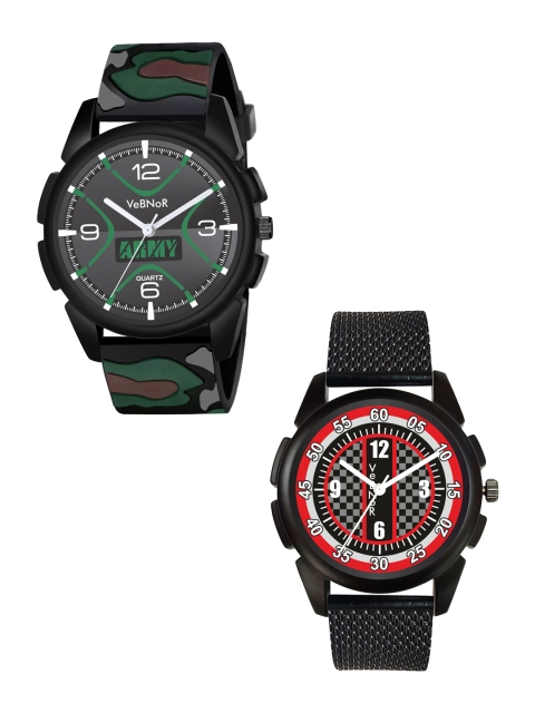 VeBNoR Boys Pack Of 2 Printed Dial & Black Straps Analogue Watches WT 182 ARMY, Green