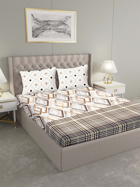 BELLA CASA White & Brown Geometric 180 TC King Bedsheet with 2 Pillow Covers