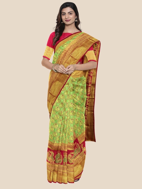 Kalamandir Green & Red Ethnic Motifs Silk Blend Kanjeevaram Saree