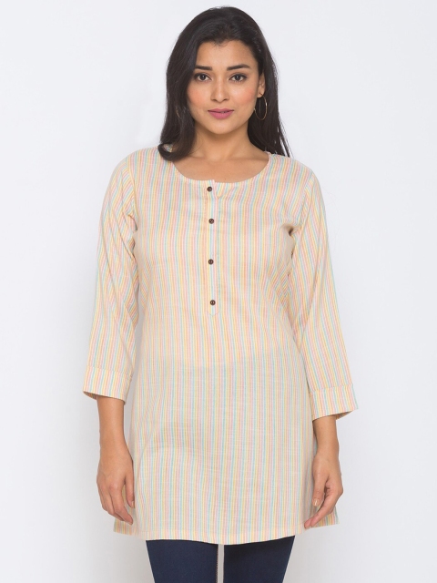 TANKHI Women Cream & Pink Striped Pure Cotton Kurti