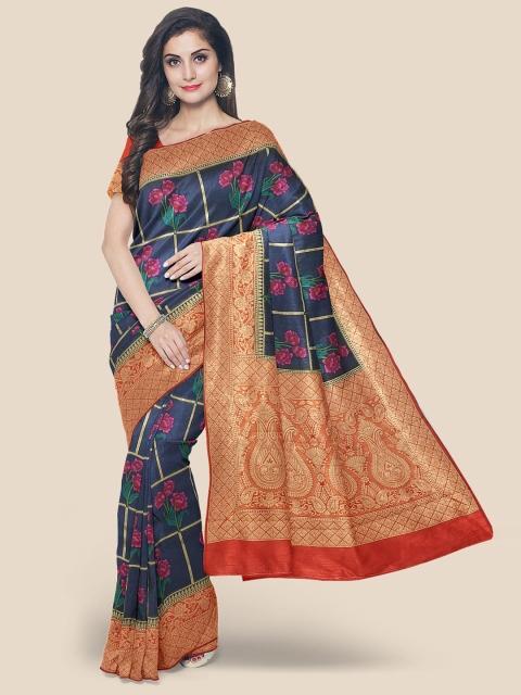 Kalamandir Navy Blue & Pink Floral Silk Blend Banarasi Saree