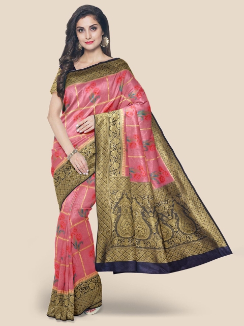 Kalamandir Pink & Navy Blue Floral Zari Silk Blend Banarasi Saree