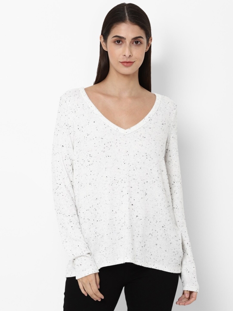 AMERICAN EAGLE OUTFITTERS Women White Printed V-Neck Raw Edge T-shirt