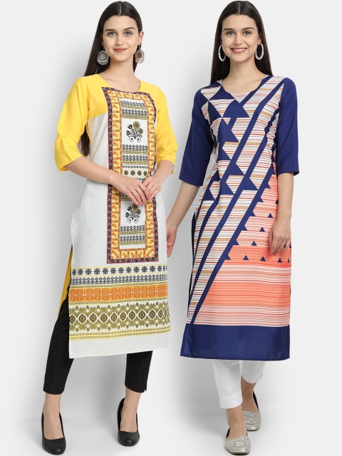 Ethnic basket Women Pack Of 2 Yellow & Navy Blue Geometric Printed Crepe Kurtas