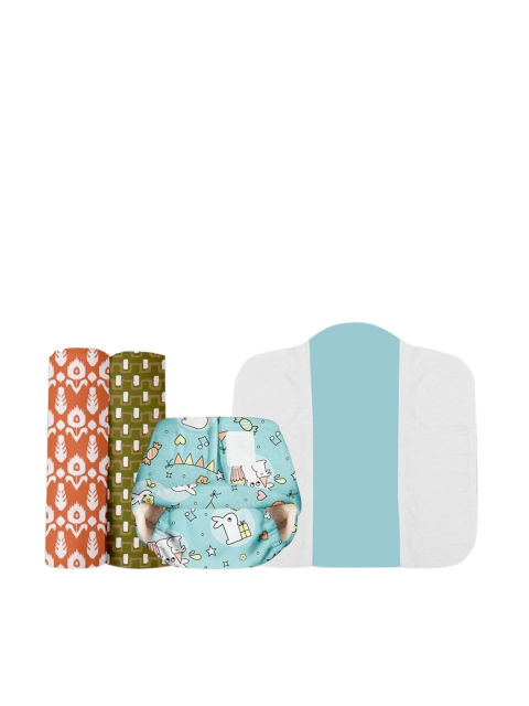 SuperBottoms Infant Kids Pack Of 4 Printed Organic Cotton Baby Care Products, Blue