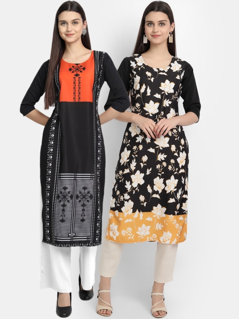 Ethnic basket Women Pack Of 2 Black & Yellow Floral Printed Crepe Kurta