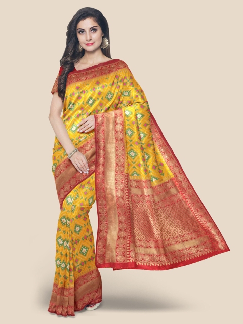 Kalamandir Yellow & Red Ethnic Motifs Silk Blend Banarasi Saree