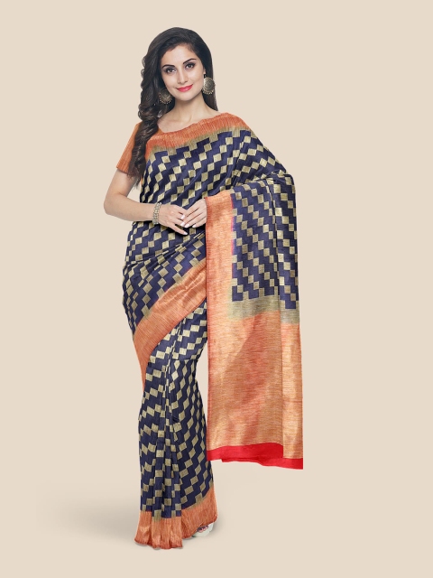 Kalamandir Navy Blue & Red Silk Blend Banarasi Saree