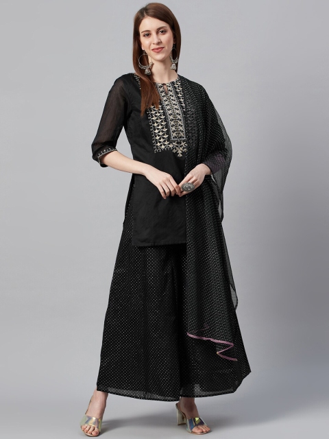 Juniper Women Black Embroidered Key Hole Neck Chanderi Silk Kurti With Sharara & Dupatta