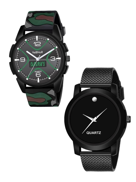 VeBNoR Boys Set of 2 Black Dial & Straps Analogue Watch - WT 182 ARMY - 494 BLACK, Green
