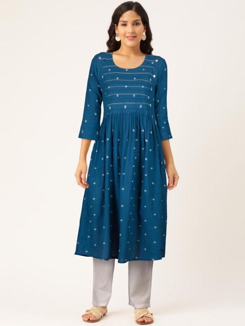 FLAVIDO Women Blue & Cream-Coloured Geometric Printed Flared Sleeves Kantha Work Dobby Anarkali Kurta
FLAVIDO Women Blue & Cream-Coloured Geometric Printed Flared Sleeves Kantha Work Dobby Anarkali Kurta