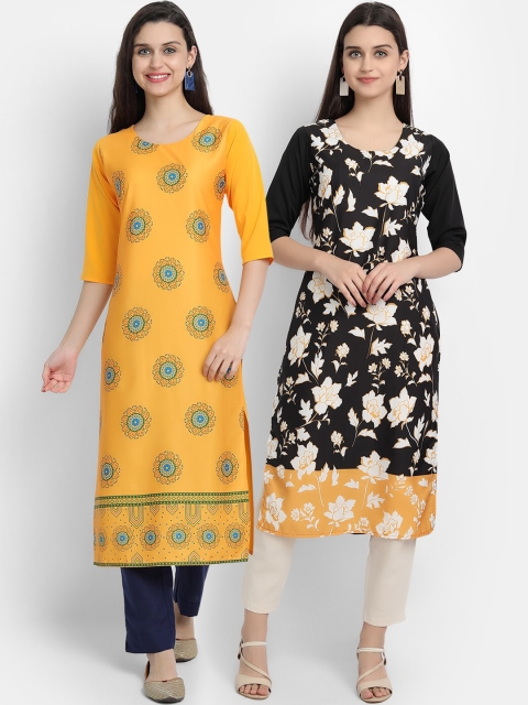 Ethnic basket Women Pack Of 2 Yellow & Black Floral Printed Crepe Kurtas