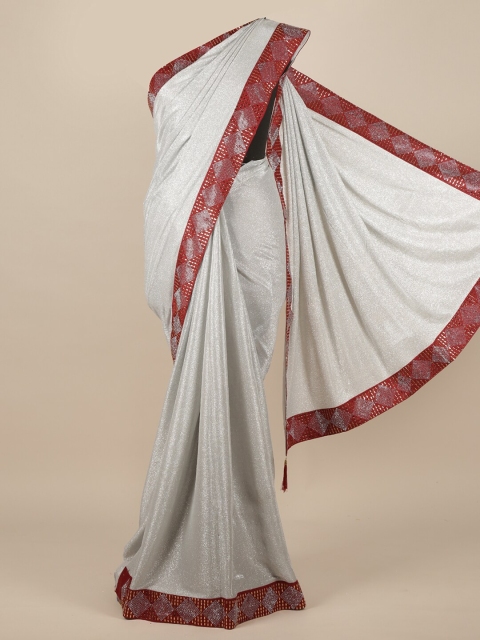 Pothys Silver & Brown Woven Design Beads and Stones Jute Silk Saree