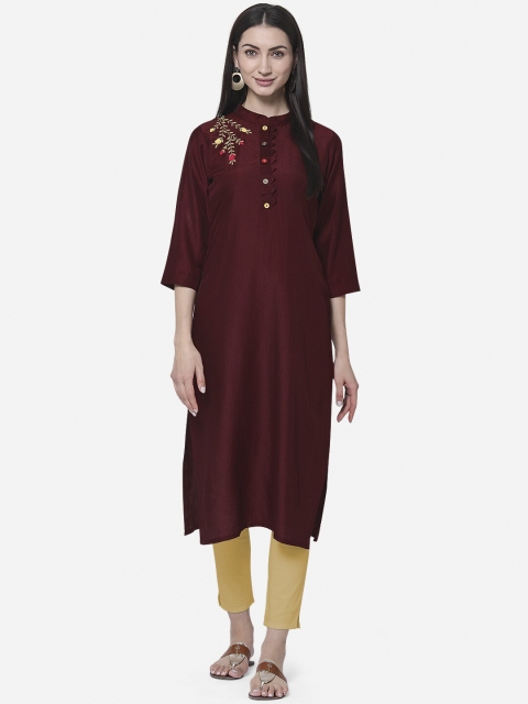 Kvsfab Women Maroon Thread Work Muslin Straight Kurta