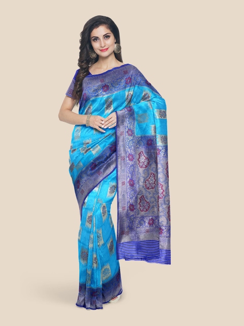 Kalamandir Blue & Red Woven Design Silk Blend Banarasi Saree