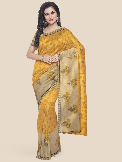 Kalamandir Yellow Floral Supernet Saree