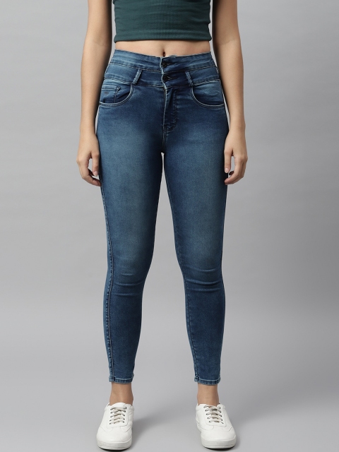 Code 61 Women Navy Blue Skinny Fit High-Rise Heavy Fade Jeans