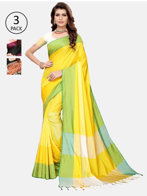 KALINI Pack Of 3 Yellow & Black Ethnic Motifs Art Silk Sarees