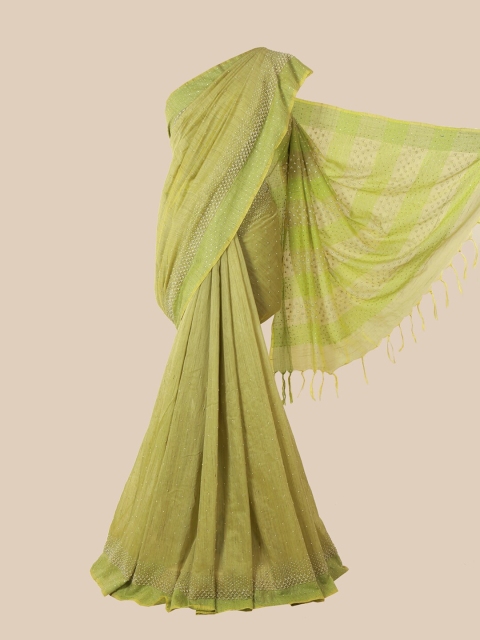 Pothys Green & White Embellished Beads and Stones Linen Blend Saree