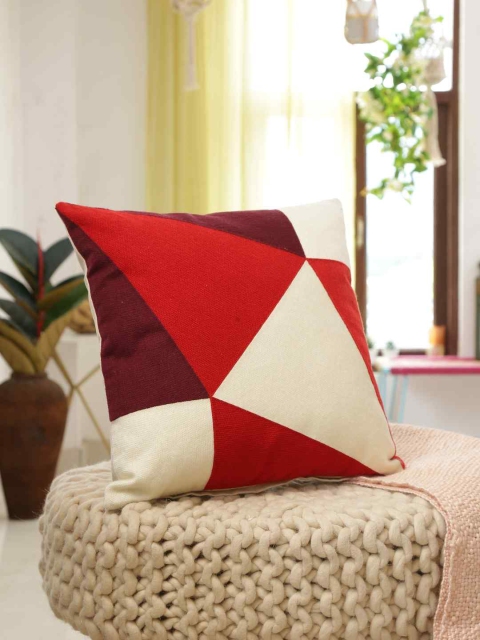 Amoliconcepts Red & Cream-Coloured Colourblocked Square Cushion Cover