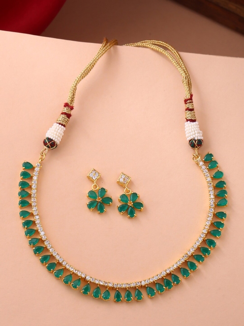 Shoshaa Gold-Plated Green & White Stone-Studded Handcrafted Jewellery Set
