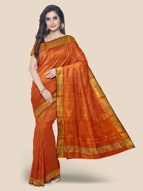 Kalamandir Orange & Gold-Toned Floral Zari Chanderi Saree