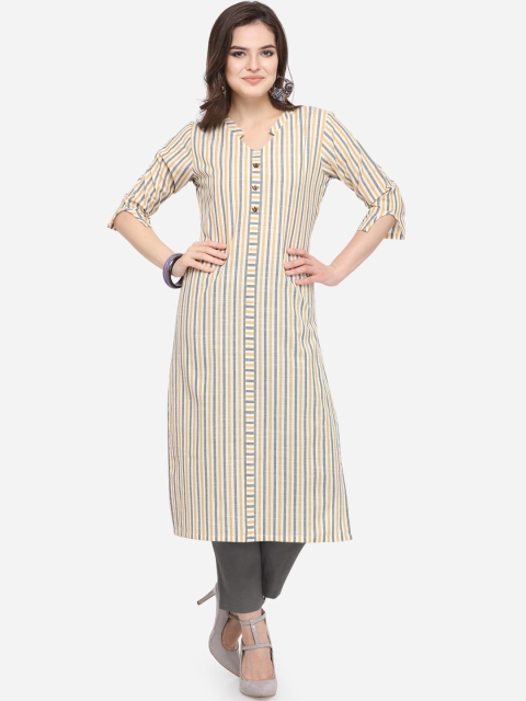Kvsfab Women Yellow & Grey Striped Cotton Blend A-line Kurta