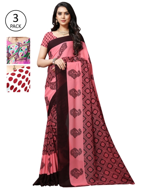 KALINI Pack of 3 Poly Georgette Sarees, Pink