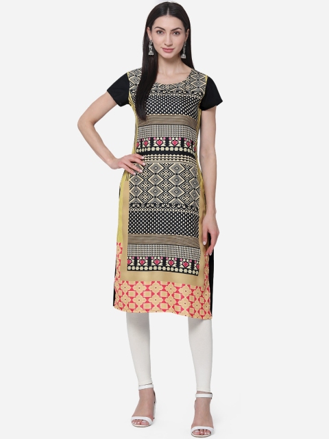 Kvsfab Women Black Geometric Printed Thread Straight Kurta