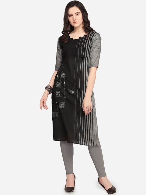 Kvsfab Women Black & Grey Striped Cotton Blend A-line Kurta