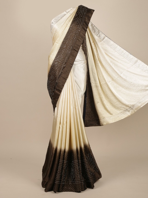 Pothys Cream & Brown Embellished Beads and Stones Satin Saree