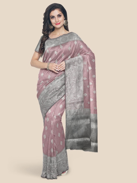 Kalamandir Pink & Grey Floral Cotton Blend Chanderi Saree