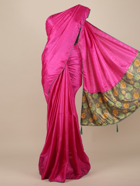 Pothys Magenta & Green Embellished Beads and Stones Jute Silk Saree