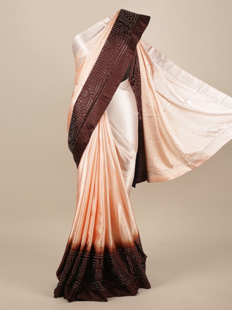 Pothys Peach & Brown Ombre Beads and Stones Satin Heavy Work Saree