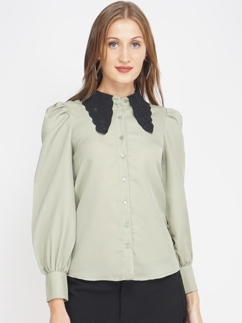 Oxolloxo Women Sage Green Puff Sleeve Casual Shirt