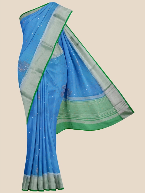 KLM Fashion Mall Blue & Silver-Toned Embellished Beads and Stones Silk Blend Saree