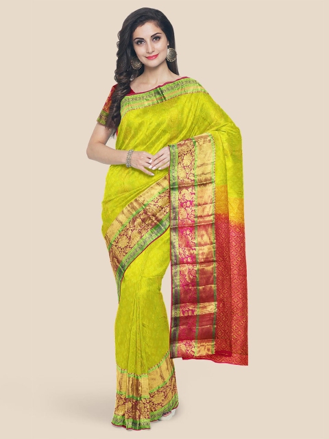 KLM Fashion Mall Pink & Green Ethnic Motifs Zari Silk Blend Kanjeevaram Saree