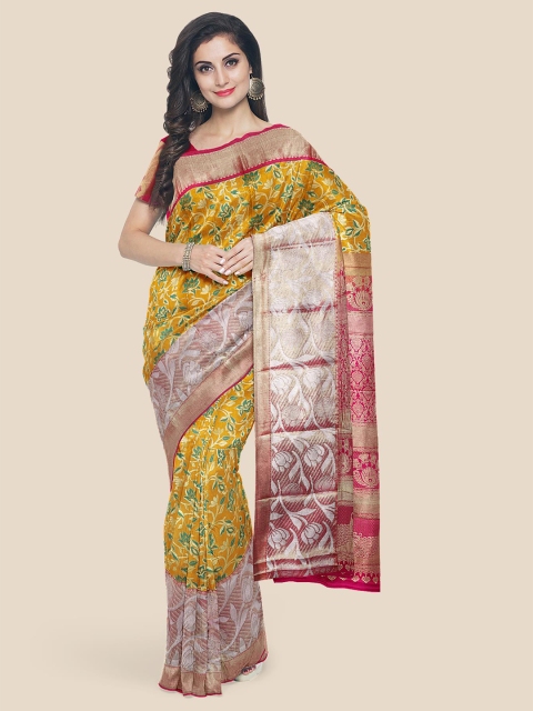KLM Fashion Mall Mustard & Pink Floral Zari Silk Blend Kanjeevaram Saree