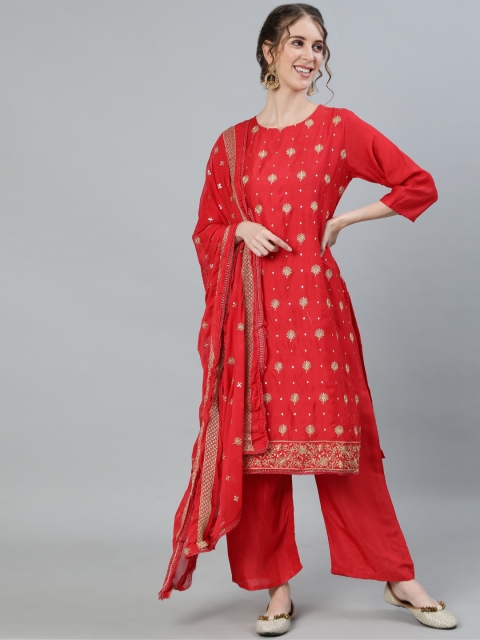 Ishin Women Red Floral Embroidered Empire Chanderi Silk Kurti with Trousers & With Dupatta
Ishin Women Red Floral Embroidered Empire Chanderi Silk Kurti with Trousers & With Dupatta