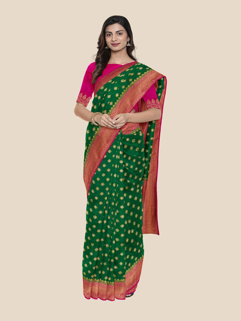 Kalamandir Green & Pink Floral Zari Silk Blend Banarasi Saree 
Kalamandir Green & Pink Floral Zari Silk Blend Banarasi Saree