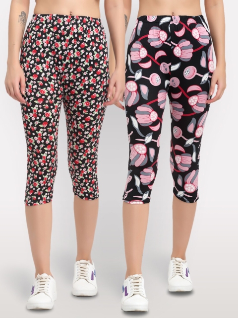 NEUDIS Women Pack of 2 Black & Pink Printed Skinny Fit Capris