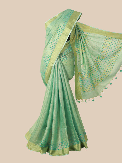 Pothys Green & Gold-Toned Embellished Beads and Stones Linen Blend Heavy Work Saree
Pothys Green & Gold-Toned Embellished Beads and Stones Linen Blend Heavy Work Saree