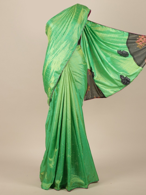Pothys Green & Brown Embellished Beads and Stones Jute Silk Saree