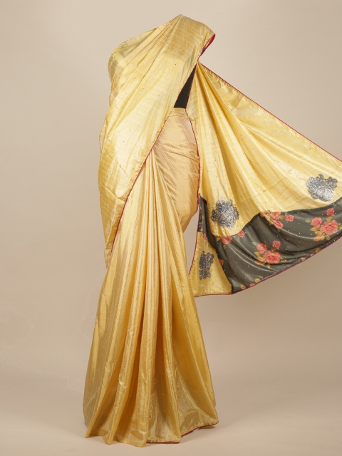 Pothys Cream Striped Sequinned Jute Silk Saree