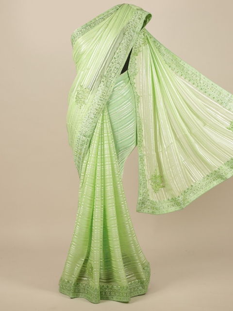 Pothys Green Striped Beads and Stones Saree